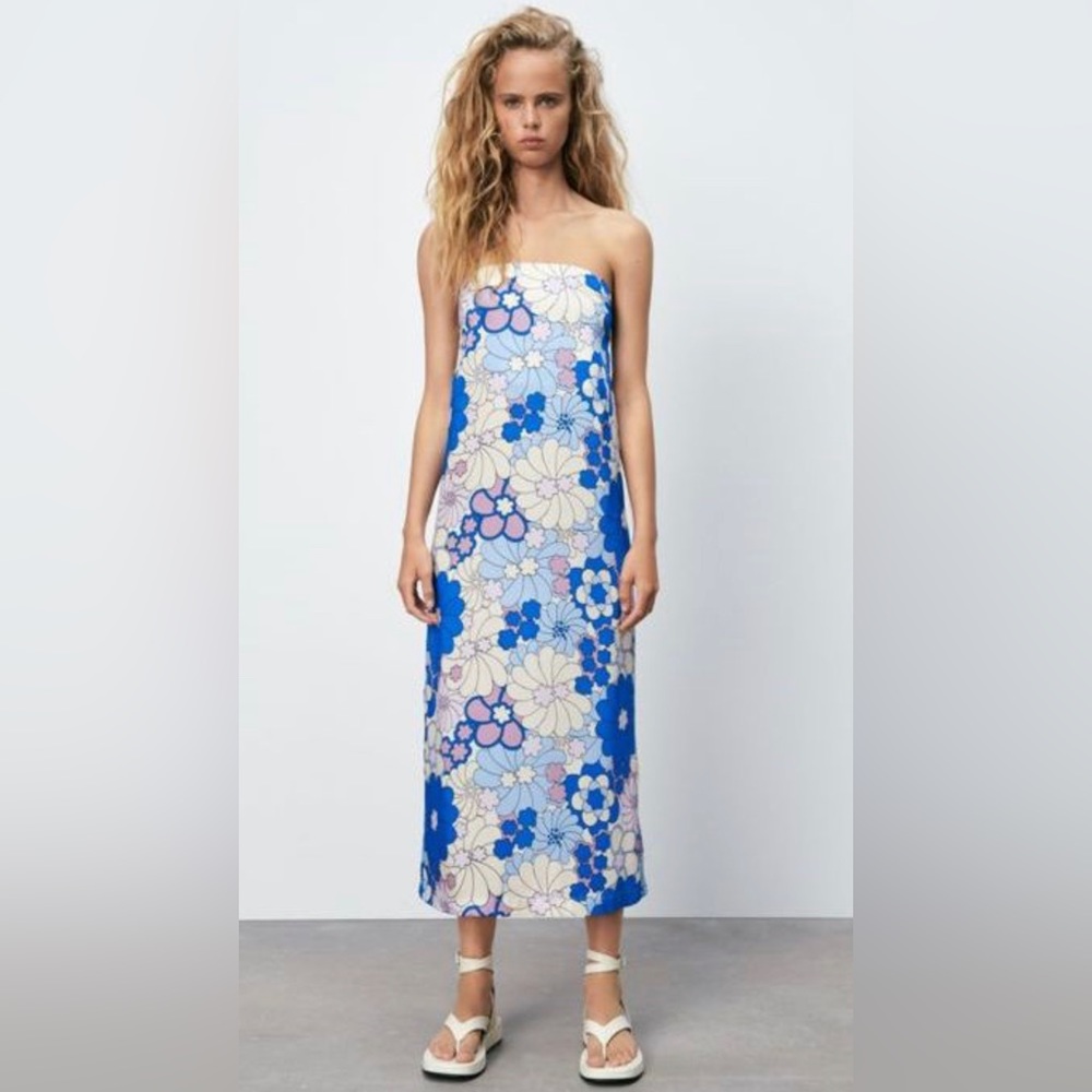 Zara Blue Floral Strapless Midi Dress